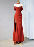 Burgundy Off-shoulder Sheath Chiffon Long Prom Dresses Formal Evening Gowns with Slits HZ1024