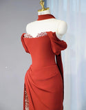 Burgundy Off-shoulder Sheath Chiffon Long Prom Dresses Formal Evening Gowns with Slits HZ1024