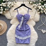 Purple Spaghetti Strap Bodycon Lace Short Party Dress HZ1024