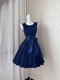 Navy Blue Round Neck A-Line Satin Short Birthday Party Dresses Homecoming Dresses with Bow HZ1024