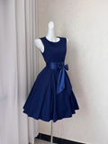 Navy Blue Round Neck A-Line Satin Short Birthday Party Dresses Homecoming Dresses with Bow HZ1024