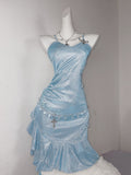 Ice Blue Spaghetti Straps Bodycon Ruffles Short Party Dress HZ1024
