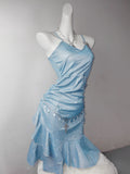 Ice Blue Spaghetti Straps Bodycon Ruffles Short Party Dress HZ1024
