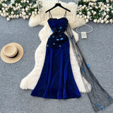 Navy Blue Spaghetti Straps Sheath Long Party Dress for Birthday&Events HZ1024