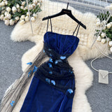 Navy Blue Spaghetti Straps Sheath Long Party Dress for Birthday&Events HZ1024