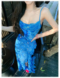 Blue Spaghetti Straps Mermaid Chiffon Long Prom Dresses Elegant Evening Gowns with Slit HZ1024