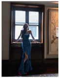 Blue Spaghetti Straps Mermaid Chiffon Long Prom Dresses Elegant Evening Gowns with Slit HZ1024
