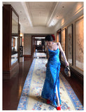 Blue Spaghetti Straps Mermaid Chiffon Long Prom Dresses Elegant Evening Gowns with Slit HZ1024