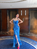 Blue Spaghetti Straps Mermaid Chiffon Long Prom Dresses Elegant Evening Gowns with Slit HZ1024
