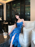 Blue Spaghetti Straps Mermaid Chiffon Long Prom Dresses Elegant Evening Gowns with Slit HZ1024