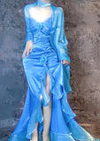 Blue Spaghetti Straps Mermaid Evening Gowns Chiffon Satin Long Stunning Prom Dresses HZ1024