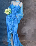 Blue Spaghetti Straps Mermaid Evening Gowns Chiffon Satin Long Stunning Prom Dresses HZ1024