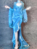 Blue Spaghetti Straps Mermaid Evening Gowns Chiffon Satin Long Stunning Prom Dresses HZ1024