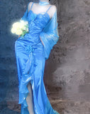 Blue Spaghetti Straps Mermaid Evening Gowns Chiffon Satin Long Stunning Prom Dresses HZ1024