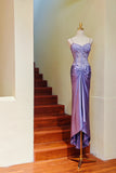 Spaghetti Straps Sheath Satin Lace Appliqu¨¦ Long Stunning Prom Dresses Formal Evening Gowns HZ1024