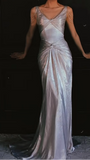 Silver V-neck Sheath Satin Long Prom Dresses Formal Evening Gowns with Pleats HZ1024