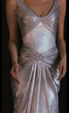 Silver V-neck Sheath Satin Long Prom Dresses Formal Evening Gowns with Pleats HZ1024