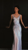 Silver V-neck Sheath Satin Long Prom Dresses Formal Evening Gowns with Pleats HZ1024