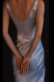 Silver V-neck Sheath Satin Long Prom Dresses Formal Evening Gowns with Pleats HZ1024