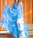 Blue Spaghetti Straps A-Line Tulle Long Prom Dresses Formal Evening Gowns with Slits HZ1024