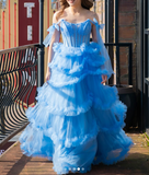 Blue Spaghetti Straps A-Line Tulle Long Prom Dresses Formal Evening Gowns with Slits HZ1024