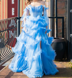 Blue Spaghetti Straps A-Line Tulle Long Prom Dresses Formal Evening Gowns with Slits HZ1024