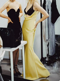 Yellow V Neck Sheath Satin Long Prom Dresses Birthday Dresses Glam Guest Dresses HZ1024