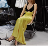Yellow V Neck Sheath Satin Long Prom Dresses Birthday Dresses Glam Guest Dresses HZ1024