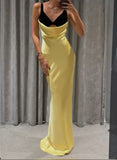 Yellow V Neck Sheath Satin Long Prom Dresses Birthday Dresses Glam Guest Dresses HZ1024