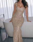 Champagne Square Neck Mermaid Sequin Beading Long Prom Dresses Fashion Formal Evening Gowns HZ1024