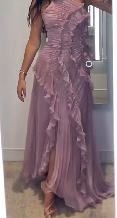 Purple Halter A-Line Guest Dresses Chiffon Ruffles Long Prom Dresses Birthday Dresses HZ1024