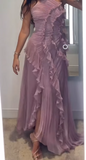 Purple Halter A-Line Guest Dresses Chiffon Ruffles Long Prom Dresses Birthday Dresses HZ1024