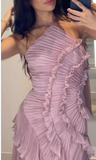Purple Halter A-Line Guest Dresses Chiffon Ruffles Long Prom Dresses Birthday Dresses HZ1024