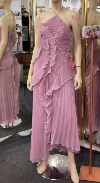 Purple Halter A-Line Guest Dresses Chiffon Ruffles Long Prom Dresses Birthday Dresses HZ1024