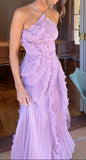 Purple Halter A-Line Guest Dresses Chiffon Ruffles Long Prom Dresses Birthday Dresses HZ1024