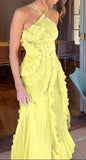 Purple Halter A-Line Guest Dresses Chiffon Ruffles Long Prom Dresses Birthday Dresses HZ1024