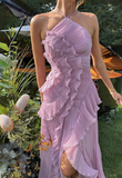 Purple Halter A-Line Guest Dresses Chiffon Ruffles Long Prom Dresses Birthday Dresses HZ1024