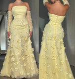 Butter Yellow Strapless A-Line Tulle Applique Long Prom Dresses Elegant Birthday Evening Gowns HZ1024