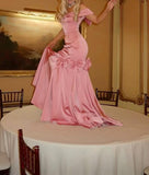 Pink Off Shoulder Mermaid Satin Long Prom Dresses Formal Evening Gowns HZ1024