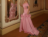 Pink Off Shoulder Mermaid Satin Long Prom Dresses Formal Evening Gowns HZ1024