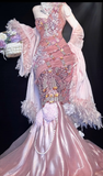 Pink One Shoulder Mermaid Satin Prom Dresses Formal Evening Gowns with Beading HZ1024