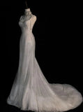 White Spaghetti Straps Mermaid Tulle Evening Gown Shiny Trailing Wedding Dress HZ1024