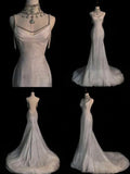 White Spaghetti Straps Mermaid Tulle Evening Gown Shiny Trailing Wedding Dress HZ1024