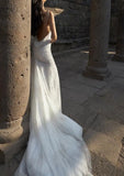 White Spaghetti Straps Mermaid Tulle Evening Gown Shiny Trailing Wedding Dress HZ1024
