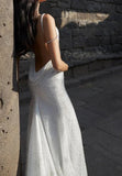 White Spaghetti Straps Mermaid Tulle Evening Gown Shiny Trailing Wedding Dress HZ1024