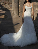 White Spaghetti Straps Mermaid Tulle Evening Gown Shiny Trailing Wedding Dress HZ1024