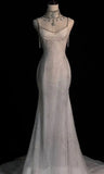 White Spaghetti Straps Mermaid Tulle Evening Gown Shiny Trailing Wedding Dress HZ1024