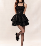 Black Halter Neck A-Line Lace Tulle Short Prom Dresses Back to School Dress with Sequins HZ1024
