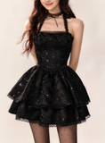 Black Halter Neck A-Line Lace Tulle Short Prom Dresses Back to School Dress with Sequins HZ1024