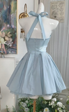 Blue Halter Neck A-Line Satin Short Prom Dresses Homecoming Dress with Open Back HZ1024